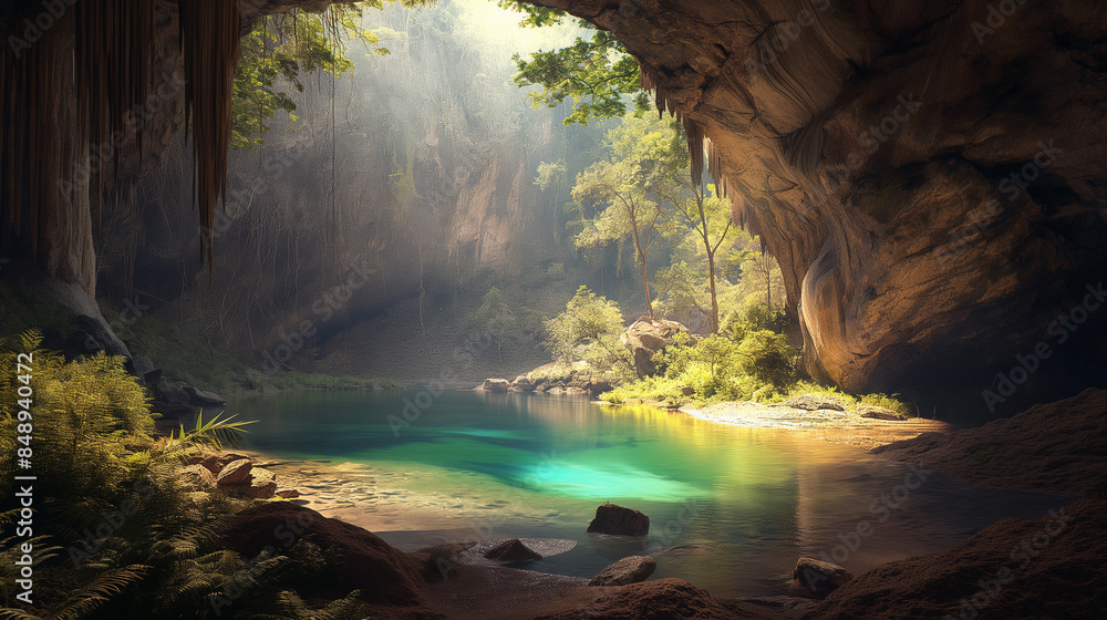 A cave with a small pool of water in the middle A cave with a small pool of water in the middle
