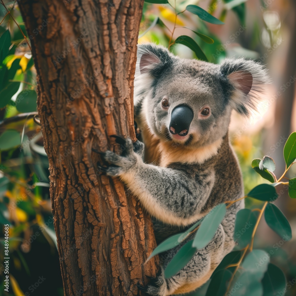 Fototapeta premium A close-up photo of a koala clinging to a eucalyptus tree in its natural habitat