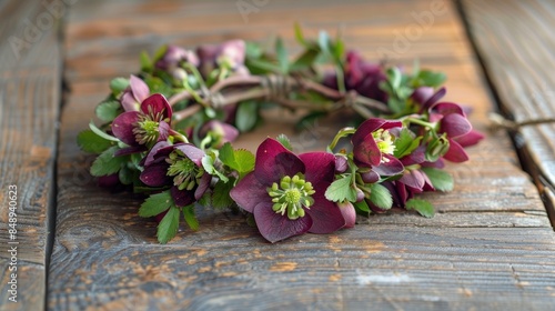 Flower wreath of hellebore on wooden table