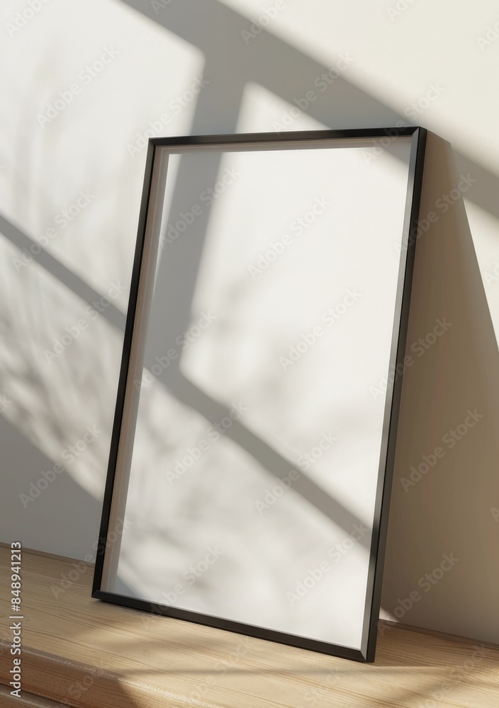 minimalistic blank picture frame standing on a wooden side table - mockup template minimalistic blank picture frame standing on a wooden side table - mockup template