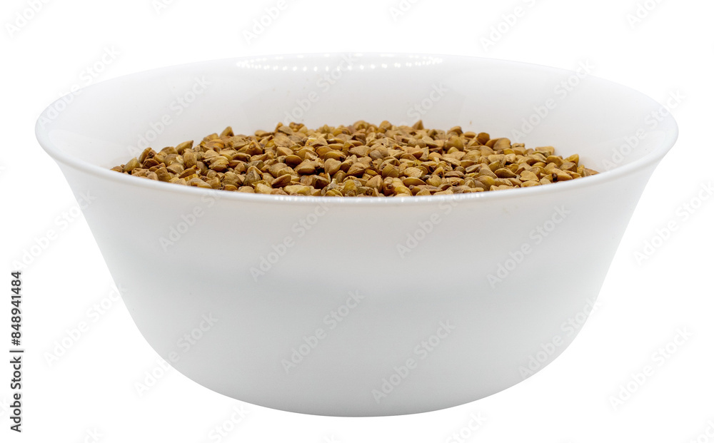 Buckwheat grains in a white plate. Side view. Isolated on transparent background. PNG format Buckwheat grains in a white plate. Side view. Isolated on transparent background. PNG format