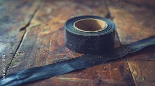 Electrical tape held against a wooden table photo