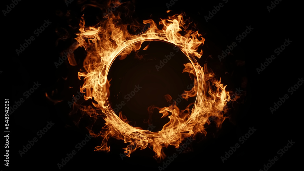 Fototapeta premium fire flame circle round shape on dark background An image of a c