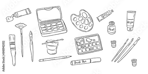 Art painting products doodle set with paints and paintbrushes. Monochrome educational outline stickers. Clipart of sketchy outline drawings isolated on white background