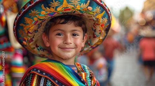  Vivid photo of a Mexican little boy in traditional attire, wearing a colorful sombrero © masyastadnikova
