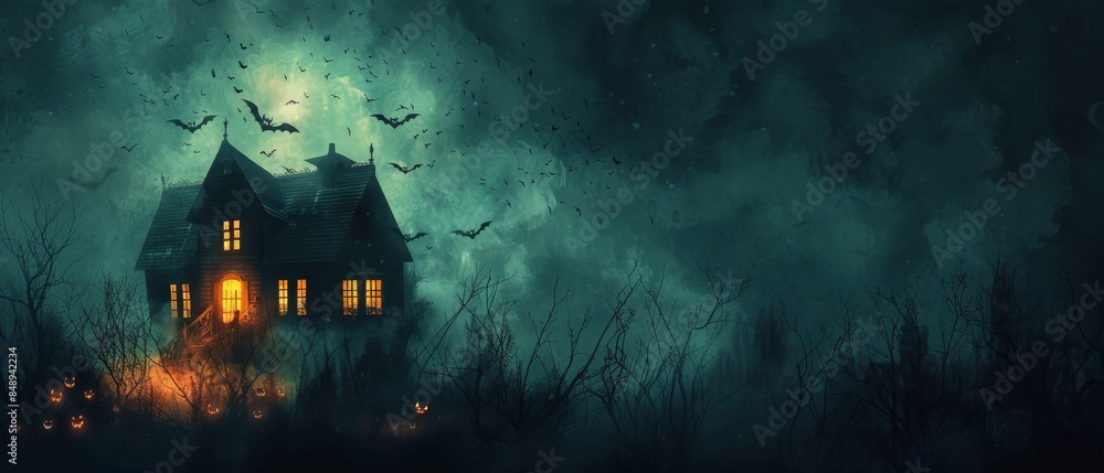 Spooky Halloween background with haunted house and bats. Orange and black color scheme for classic Halloween aesthetics. Spooky Halloween background with haunted house and bats. Orange and black color scheme for classic Halloween aesthetics.