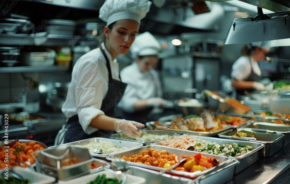 A busy female chef is preparing meals in the restaurant kitchen. A busy restaurant kitchen,chef preparing food in restaurant