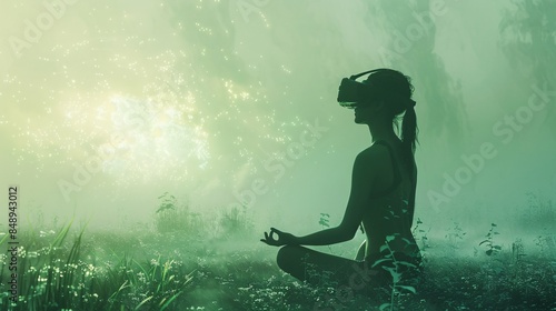 A person wearing virtual reality headset meditates in a serene, misty forest. Technology meets nature in this tranquil setting.