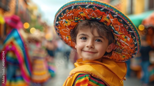  Vivid photo of a Mexican little boy in traditional attire, wearing a colorful sombrero