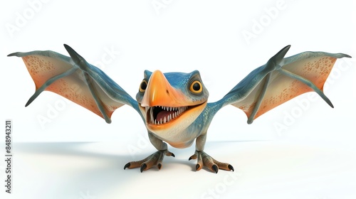 A cute cartoon pterodactyl with a toothy grin and webbed wings stands on all fours, ready to take flight. photo