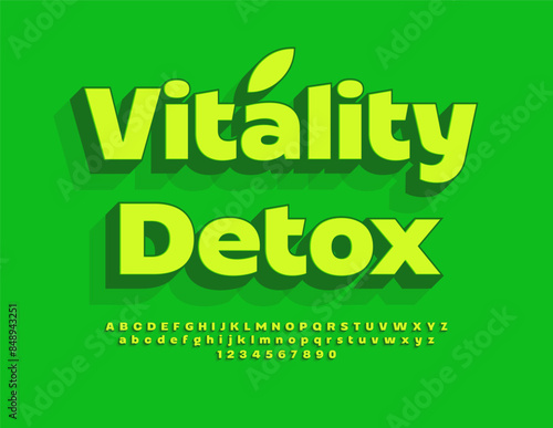 Vector ecologic sign Vitality Detox. Bright Green 3D Font. Artistic set of Alphabet Letters and Numbers.