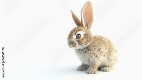 Cute baby bunny looking curiously at the camera with a white background.