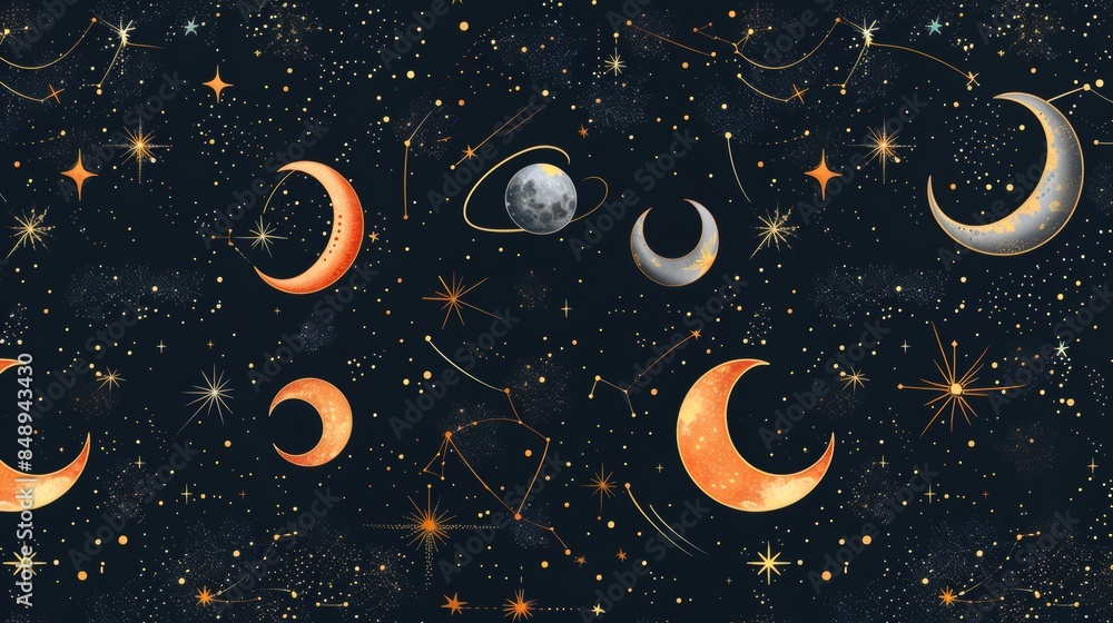 Fototapeta premium Pattern of celestial bodies like stars and moons.