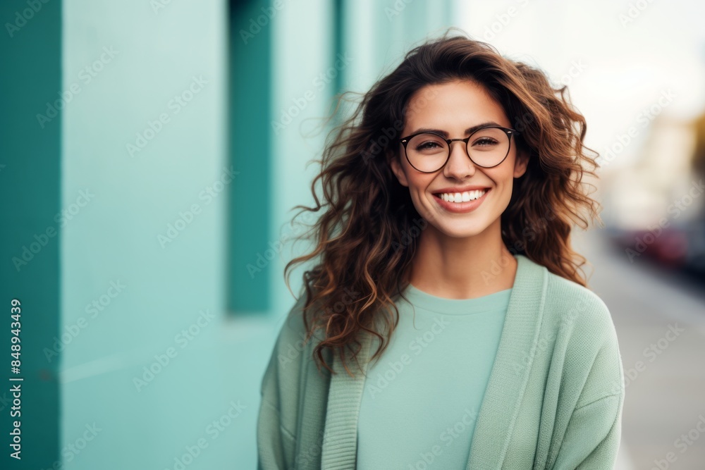 Portrait of a cheerful woman in her 20s wearing a chic cardigan while standing against minimalist or empty room background Portrait of a cheerful woman in her 20s wearing a chic cardigan while standing against minimalist or empty room background