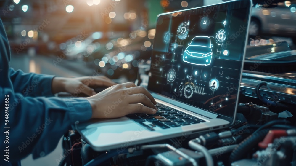 close-up of hands car mechanic using a laptop checking up on car engine parts for fixing and repair, automotive industry, Smart service diagnostics software concept. close-up of hands car mechanic using a laptop checking up on car engine parts for fixing and repair, automotive industry, Smart service diagnostics software concept.