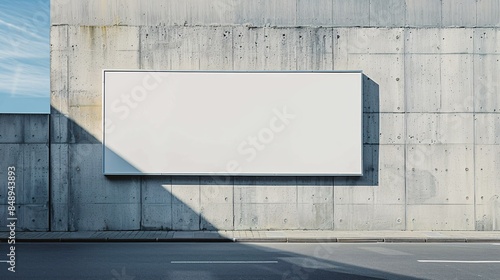 Blank white billboard on a concrete wall along a road, ready for your advertisement or message under a clear blue sky.