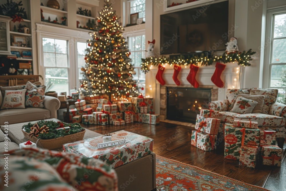 Decorated Christmas Tree and Fireplace in a Living Room Decorated Christmas Tree and Fireplace in a Living Room