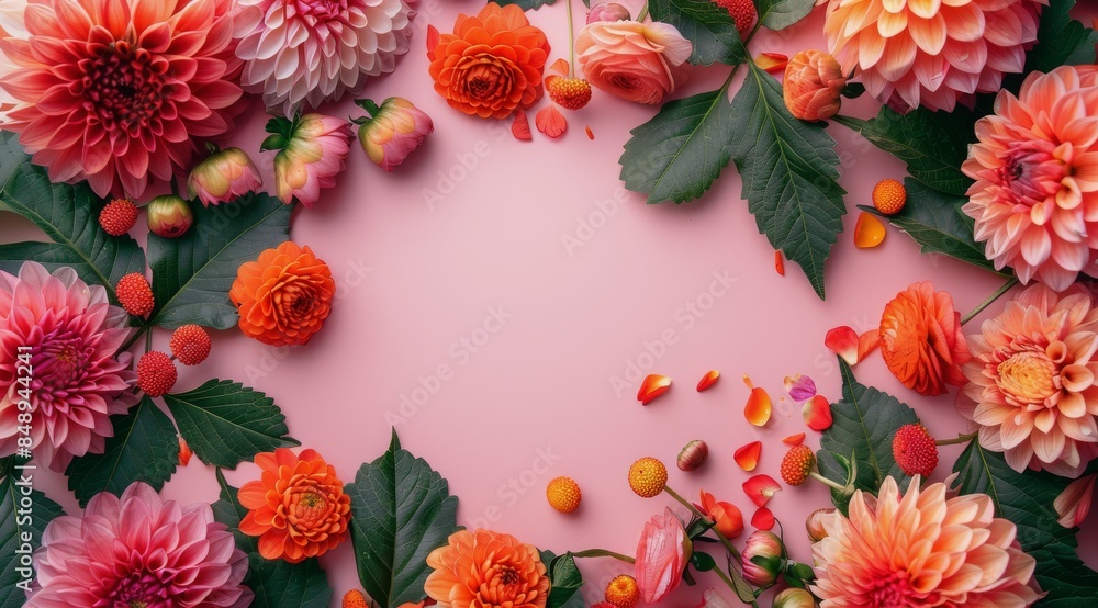 Fototapeta premium Vibrant Orange and Pink Flowers Arranged Around a Pink Background