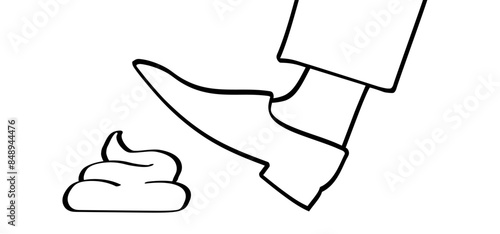 Stepping on shit. Foot stepping into dog poop or animal shit. Walk on a dogs turd. Cartoon shoes, shoe and poo logo. walking dogs and their turd. People step on poop. Steps on excrement with his foot.