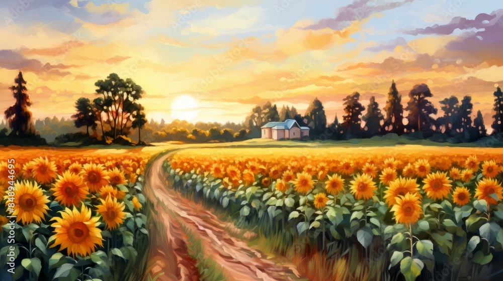 Fototapeta premium Glade with sunflowers painted with oil paints. Picture for postcards and design. Beautiful landscape of Ukrainian fields