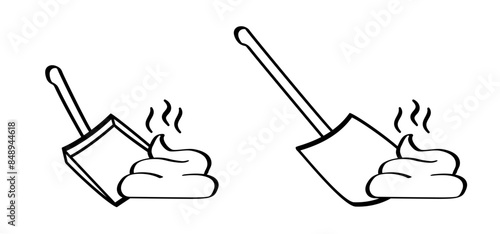 Stepping on shit. Foot stepping into dog poop or  shit. Walk on a dogs turd. Cartoon shovel or dustpan poo logo. walking dogs and their turd. People step on poop. Steps on excrement with his foot.