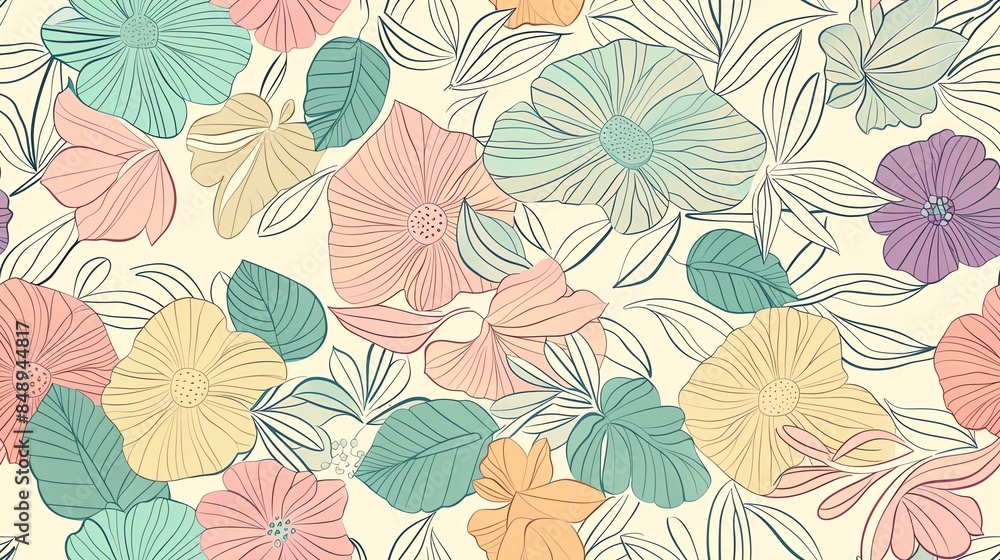Seamless hand-drawn floral and leaf design in pastel colors Seamless hand-drawn floral and leaf design in pastel colors