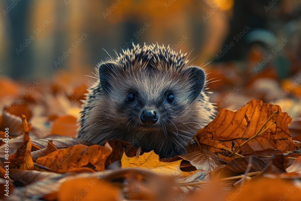 Baby Hedgehog: A tiny baby hedgehog with soft quills, curled up into a ball on a bed of fallen leaves. Baby Hedgehog: A tiny baby hedgehog with soft quills, curled up into a ball on a bed of fallen leaves.