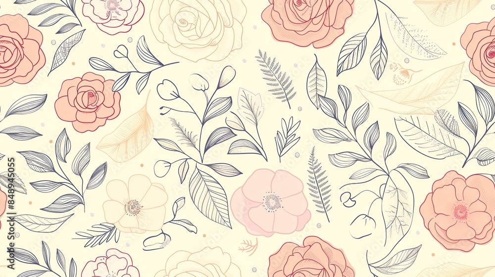 Seamless pastel floral and leaf pattern, hand-drawn style Seamless pastel floral and leaf pattern, hand-drawn style