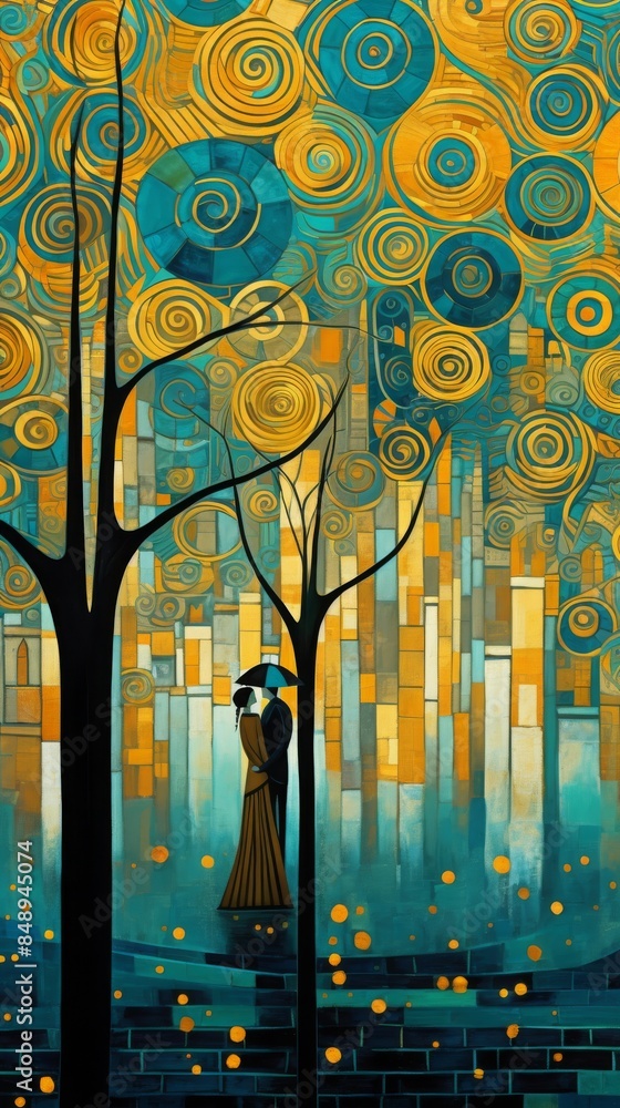Obraz premium An artwork with a couple under an umbrella in a vibrant forest with swirling patterns and bright colors creating a whimsical atmosphere