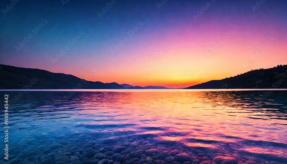 Fototapeta premium Experience the breathtaking beauty of a sunset horizon with our gradient landscape image. In this 16:9 aspect ratio composition, warm tones blend seamlessly into the cool hues of dusk, creating a mesm