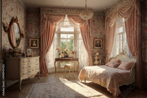 A luxurious vintage bedroom with ornate furniture, floral wallpaper, and elegant drapery. The room features a large bed with a tufted headboard, a chandelier, and a dresser with a mirror.