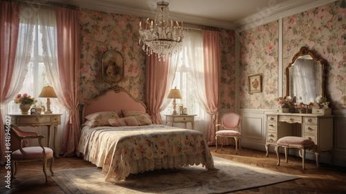 A luxurious vintage bedroom with ornate furniture, floral wallpaper, and elegant drapery. The room features a large bed with a tufted headboard, a chandelier, and a dresser with a mirror.