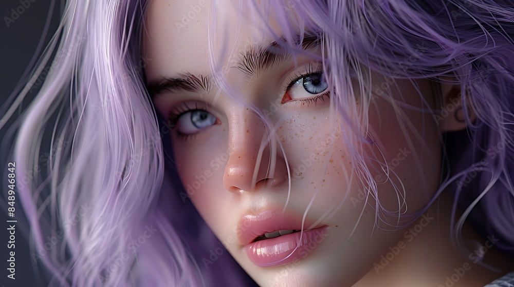 A realistic human receptionist with captivating lilac eyes and flowing lavender hair, donning stylish clothing, exuding elegance and warmth with her charming smile. A realistic human receptionist with captivating lilac eyes and flowing lavender hair, donning stylish clothing, exuding elegance and warmth with her charming smile.