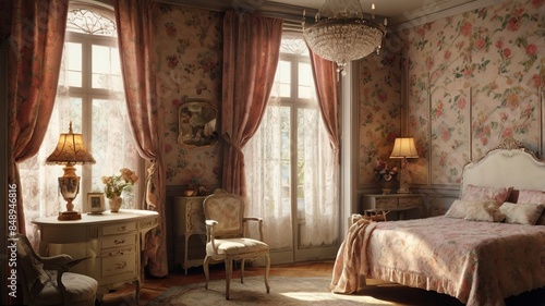 A luxurious vintage bedroom with ornate furniture, floral wallpaper, and elegant drapery. The room features a large bed with a tufted headboard, a chandelier, and a dresser with a mirror.