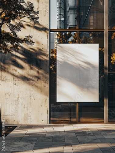 Modern outdoor blank poster on glass building wall with shadows and reflections, perfect for advertising and branding mockup.