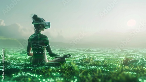 Person wearing VR headset meditating in a virtual environment blending nature and technology, symbolizing digital and mental harmony. photo