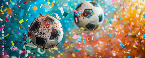 Soccer Ball Surrounded by Colorful Confetti During Celebration