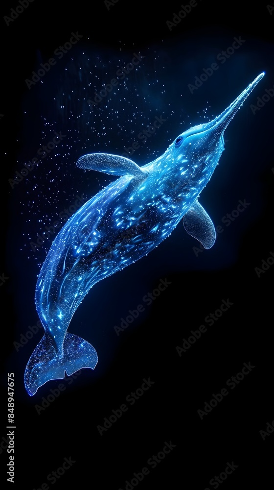 Luminous Neon Narwhal Swimming with Glowing Tusk on Black Background Luminous Neon Narwhal Swimming with Glowing Tusk on Black Background