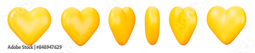 3d set of yellow heart with different angles. Romantic emoji, love symbol or icon, Valentines day, animation sprite sheet. Stock vector illustration on isolated background.