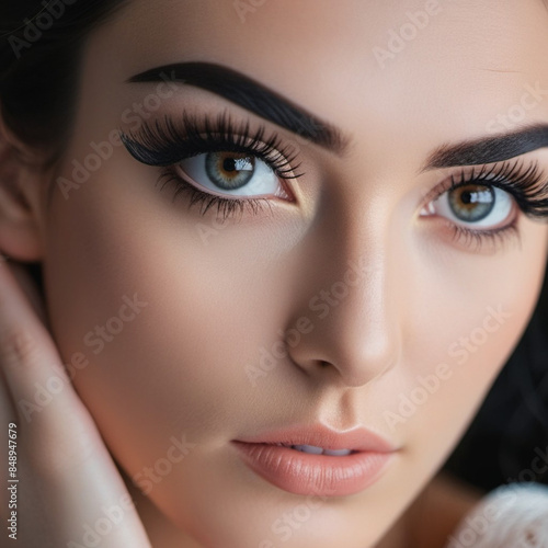 Portrait of a woman face, showcasing her eyes, nose. Her makeup is natural and subtle, highlighting her features. Beautiful large eyes with long black eyelashes, clearly defined black eyebrows. AI