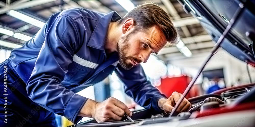An auto mechanic makes a diagnosis of a car in a car repair shop. Stock ...