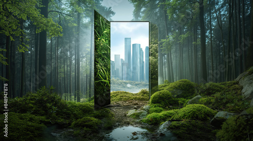 Fototapeta Naklejka Na Ścianę i Meble -  door in the middle of the forest open and on the other side there is a futuristic modern city