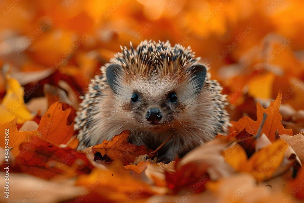 Baby Hedgehog: A tiny baby hedgehog with soft quills, curled up into a ball on a bed of fallen leaves. Baby Hedgehog: A tiny baby hedgehog with soft quills, curled up into a ball on a bed of fallen leaves.