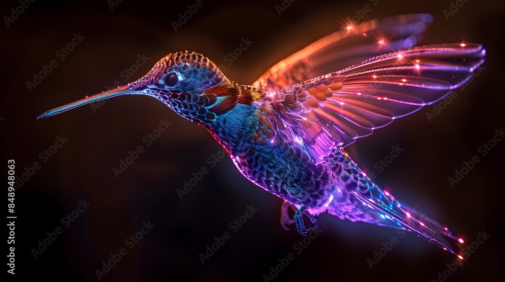 Neon Hummingbird Hovering on Ethereal Black Background with Glowing Wings Neon Hummingbird Hovering on Ethereal Black Background with Glowing Wings