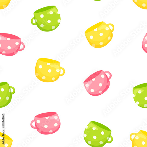 Mugs with polka dots vector seamless pattern. Tea ceremony background, wallpaper, print, textile, fabric, wrapping paper, packaging design