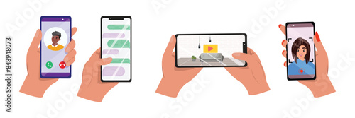 Hands, both male and female, holding and using smartphones for various activities such as phone calls, chatting, video watching, and taking selfies