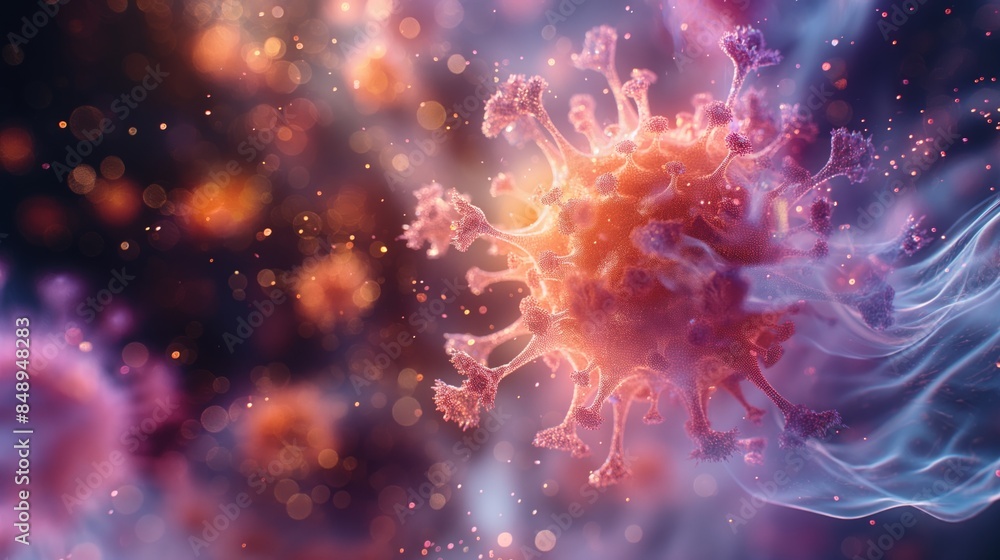 Abstract Artistic Coronavirus Render. Abstract artistic render of the coronavirus, featuring vibrant colors and bokeh light effects, capturing the virus's intricate details in a creative manner. Abstract Artistic Coronavirus Render. Abstract artistic render of the coronavirus, featuring vibrant colors and bokeh light effects, capturing the virus's intricate details in a creative manner.