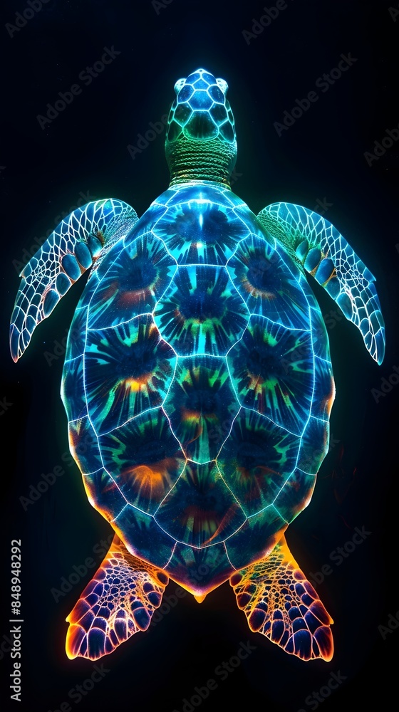 Luminous Neon Turtle Swimming Amidst Vibrant Glow of Green and Orange Shell Luminous Neon Turtle Swimming Amidst Vibrant Glow of Green and Orange Shell