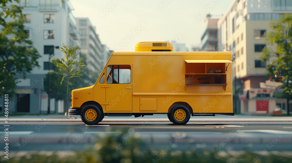 Mockup, plain yellow food truck stopped in a parking lot, background slightly blurred, Ai generated Images Mockup, plain yellow food truck stopped in a parking lot, background slightly blurred, Ai generated Images