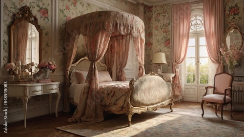 A luxurious vintage bedroom with ornate furniture, floral wallpaper, and elegant drapery. The room features a large bed with a tufted headboard, a chandelier, and a dresser with a mirror.